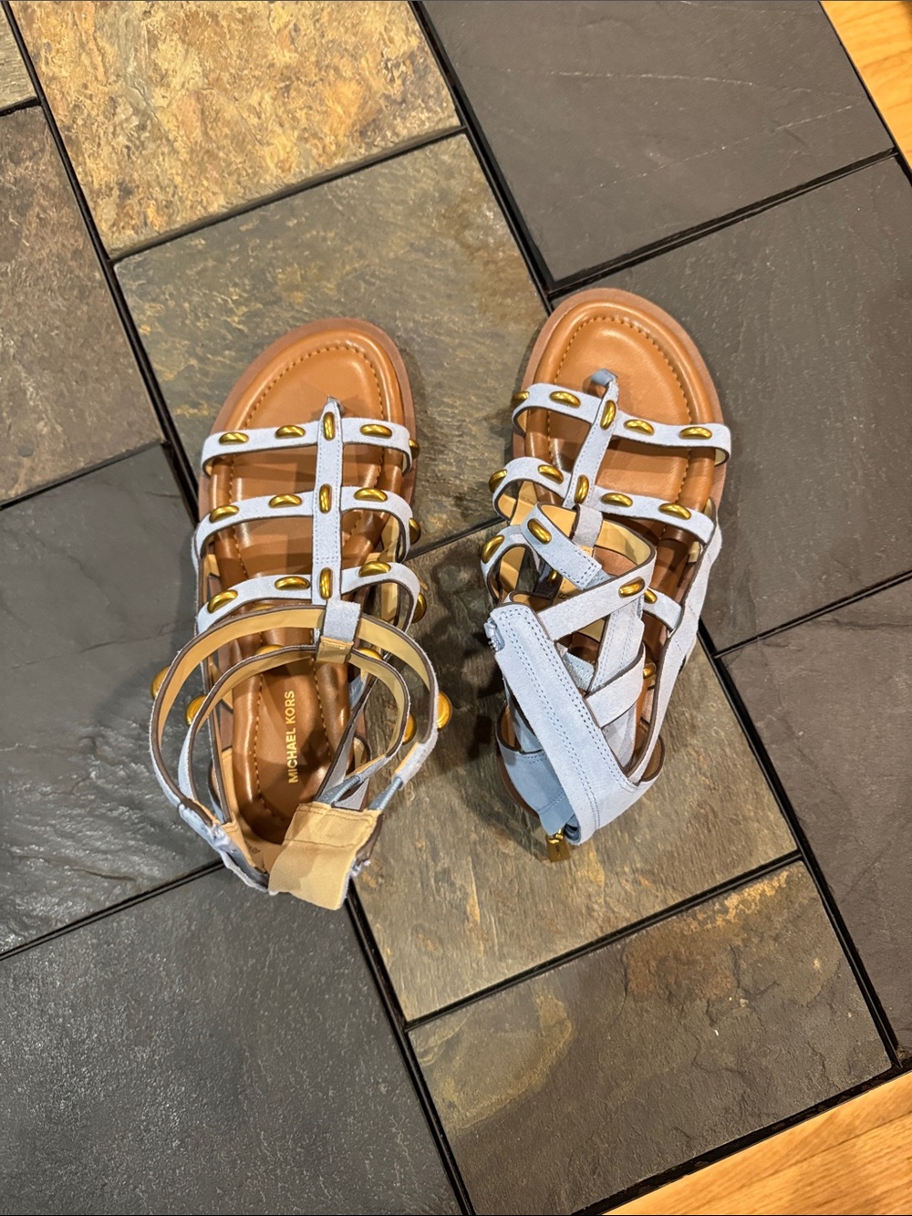 Michael Kors  Light Blue Strappy Sandals with Gold Accents